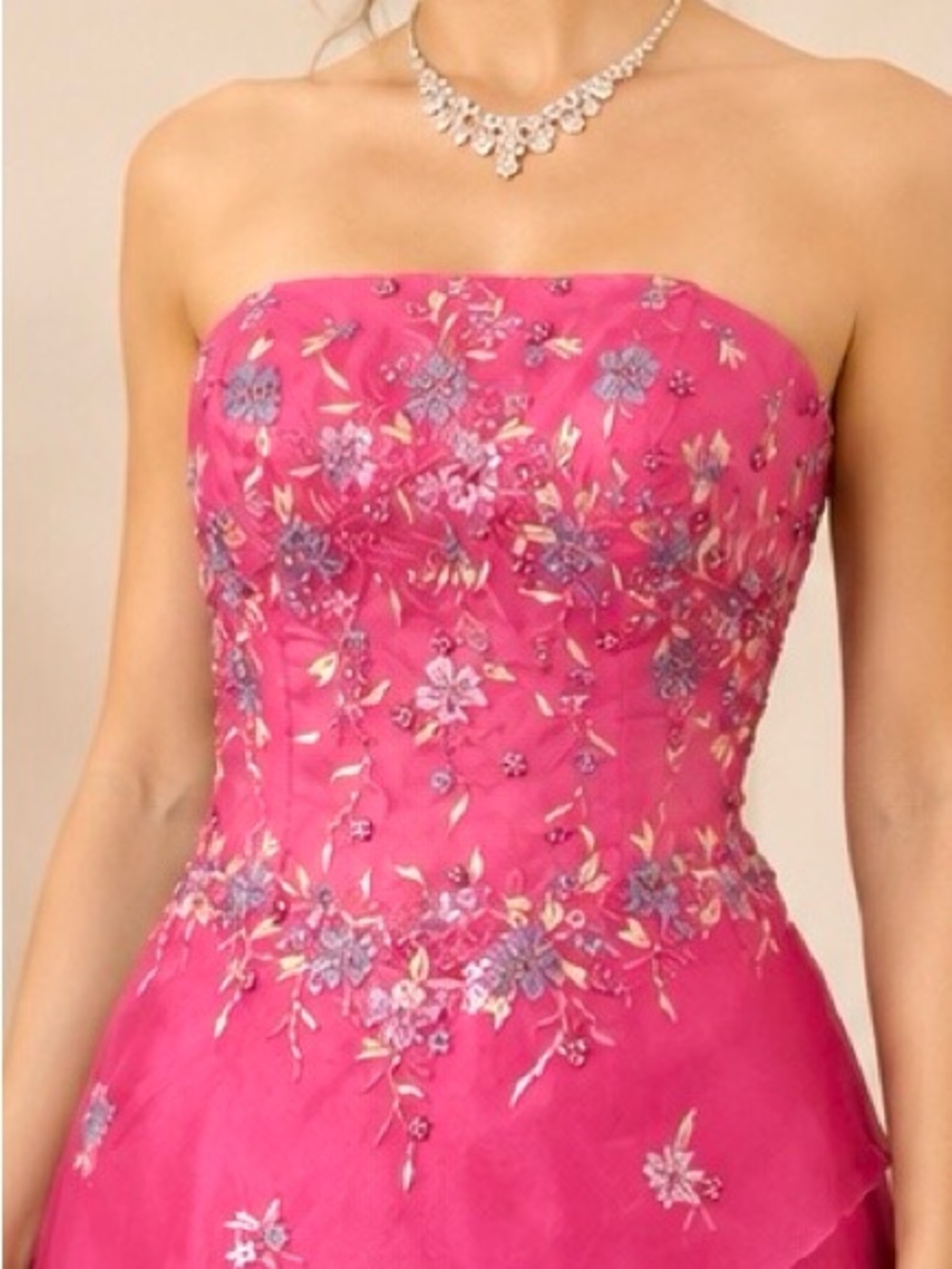 Strapless Fuschia Evening Gown with Embroidered Bodice - Picture 2 of 13